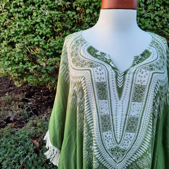 Bohemian Fringe Tribal Print Midi Length Poncho Caftan Kimono Cover Up NEW OS - Picture 7 of 13